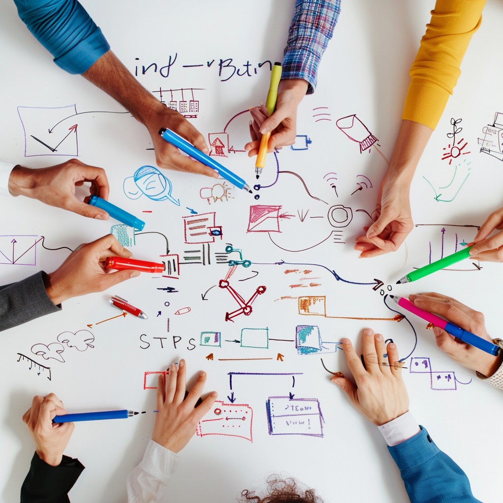 Creative team sketching ideas together during a brainstorming session